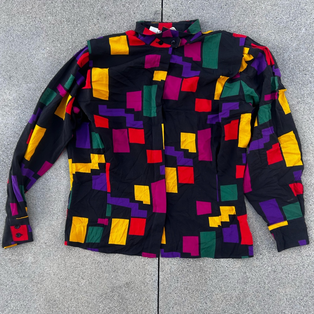 80s VTG Pierre Cardin Colorblock Blouse Sz 10 Red Purple Yellow Black